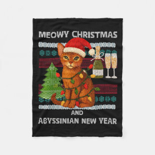 Meowy Christmas Funny Abyssinian Cat Santa Hat Ugl Fleece Blanket