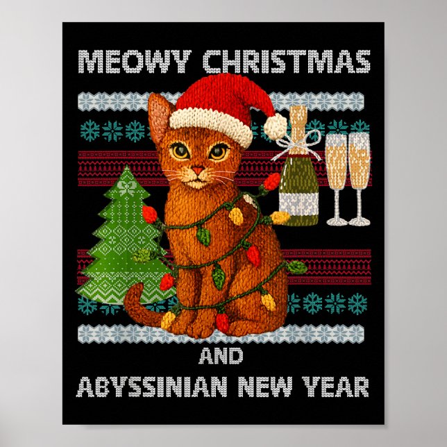Meowy Christmas Funny Abyssinian Cat Santa Hat Ugl Poster (Front)