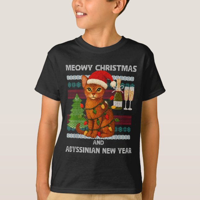Meowy Christmas Funny Abyssinian Cat Santa Hat Ugl T-Shirt (Front)