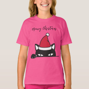 Meowy Christmas Funny Black Cat Peeking Girls T-Shirt