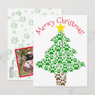 Meowy Christmas Funny Cat Paw Print Photo Holiday Postcard