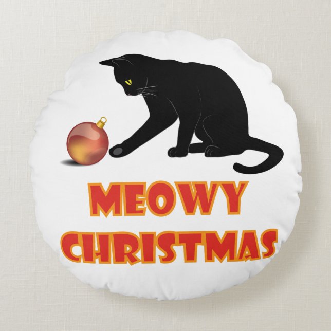 Meowy Christmas Funny Cat Round Pillow (Front)