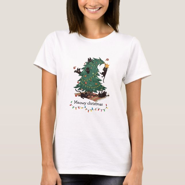 Meowy Christmas Funny Cat Tree Chaos T-Shirt (Devant)
