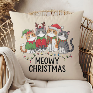 Meowy Christmas Funny Cats - Cute Holiday Throw Pillow