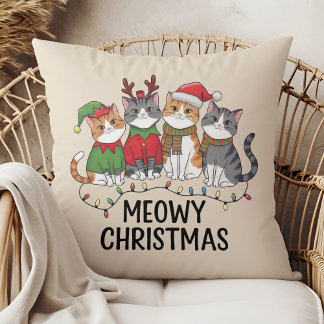 Meowy Christmas Funny Cats - Cute Holiday  Throw Pillow