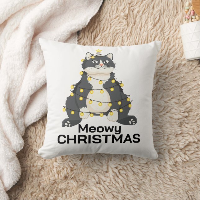 Meowy Christmas Funny Festive Cat Animal Lover Throw Pillow (Blanket)