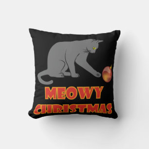 Meowy Christmas Funny Grey Cat Throw Pillow