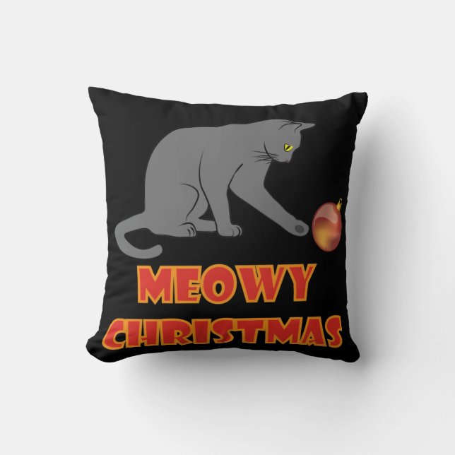 Meowy Christmas Funny Grey Cat Throw Pillow (Front)