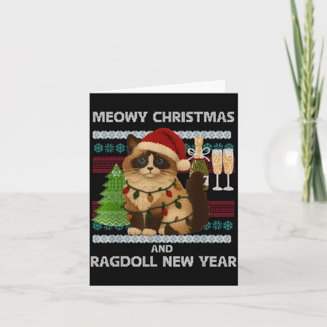 Meowy Christmas Funny Ragdoll Cat Santa Hat Ugly S Card (Front)