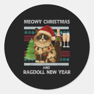 Meowy Christmas Funny Ragdoll Cat Santa Hat Ugly S Classic Round Sticker