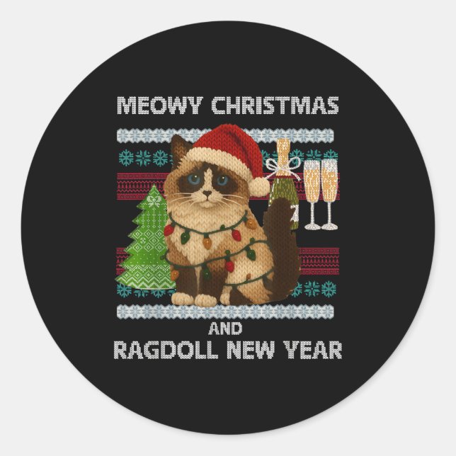 Meowy Christmas Funny Ragdoll Cat Santa Hat Ugly S Classic Round Sticker (Front)