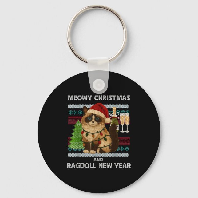 Meowy Christmas Funny Ragdoll Cat Santa Hat Ugly S Keychain (Front)