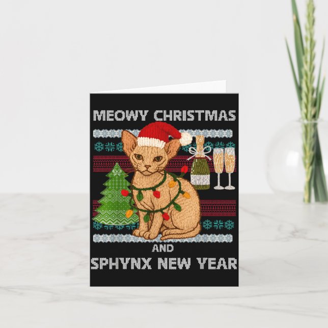 Meowy Christmas Funny Sphynx Cat Santa Hat Ugly Sw Card (Front)