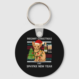 Meowy Christmas Funny Sphynx Cat Santa Hat Ugly Sw Keychain