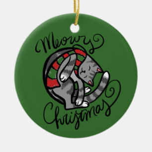 Meowy Christmas Grey Cat Art                       Ceramic Ornament
