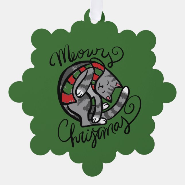 Meowy Christmas Grey Cat Art                       Ornament Card (Front)