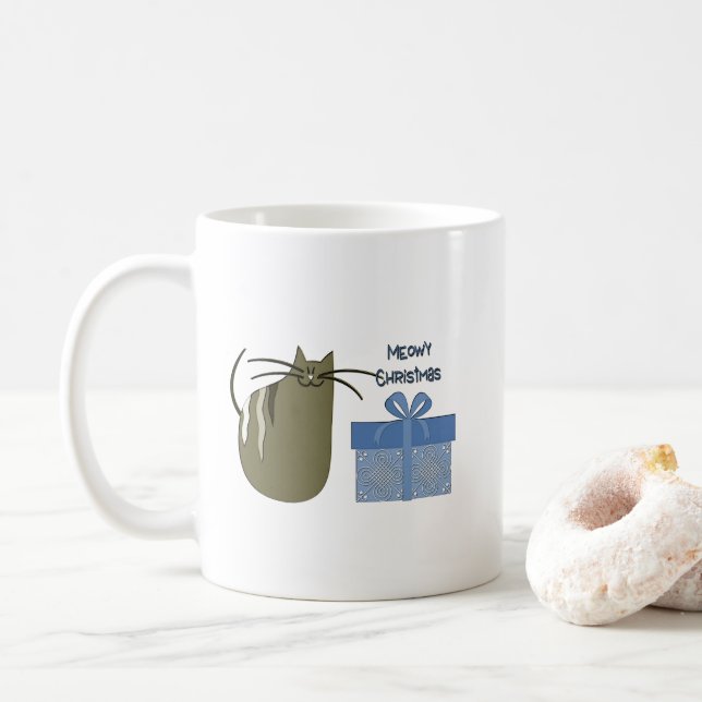 Meowy Christmas Grey Cat with Blue Gift Coffee Mug (With Donut)