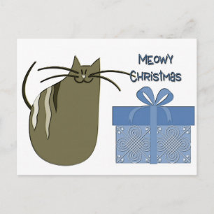 Meowy Christmas Grey Cat with Blue Gift Holiday Postcard