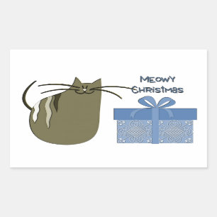 Meowy Christmas Grey Cat with Blue Gift Sticker