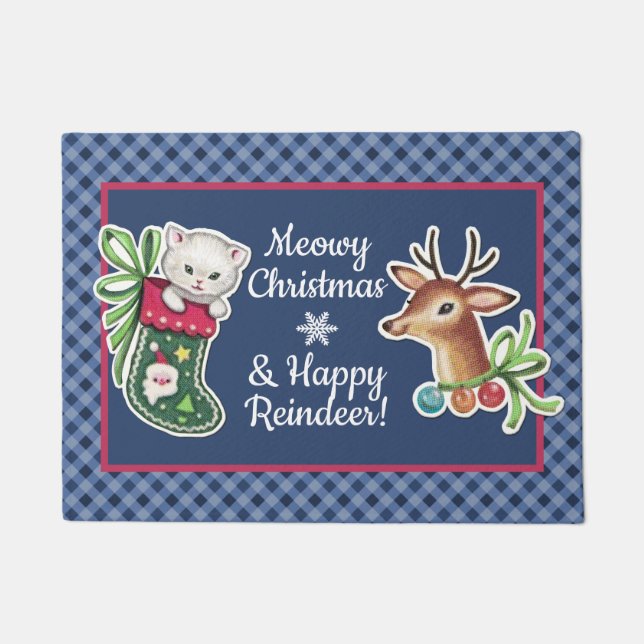 Meowy Christmas Happy Reindeer Door Mat blue (Front)