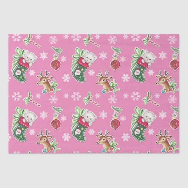 Meowy Christmas Happy Reindeer on Pink Tissue Paper (Front)