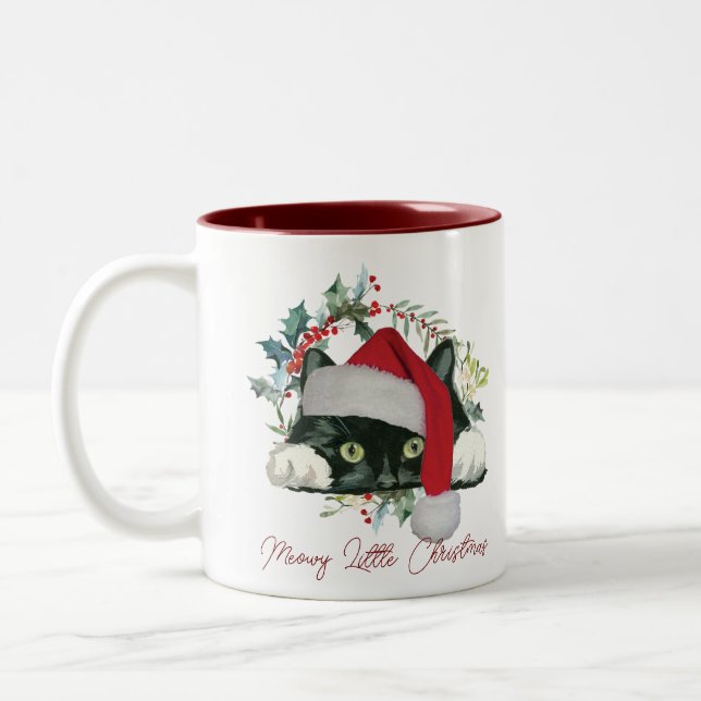 meowy christmas holiday cat santa hat mug (Left)