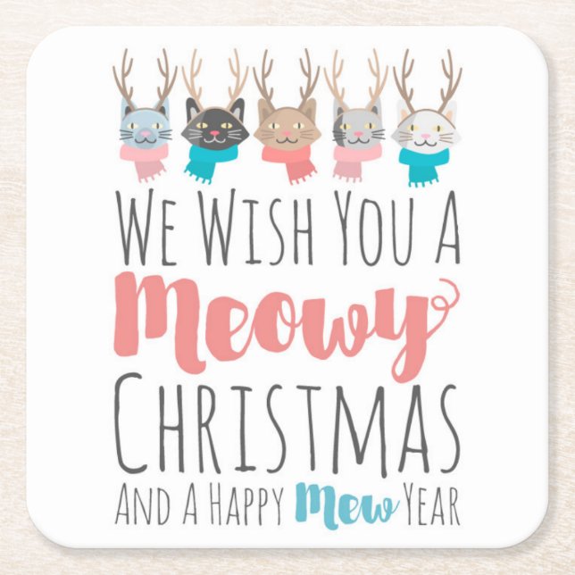 'Meowy Christmas' Holiday Cats In Antlers Funny Square Paper Coaster (Front)