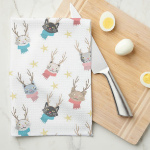 'Meowy Christmas' Holiday Cats In Antlers Pattern Kitchen Towel