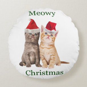 Meowy Christmas Kitten Round Pillow