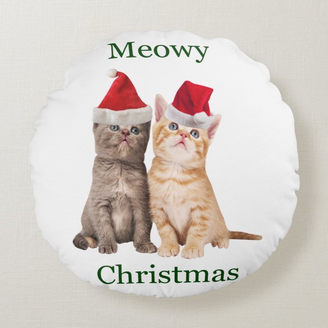 Meowy Christmas Kitten Round Pillow (Front)