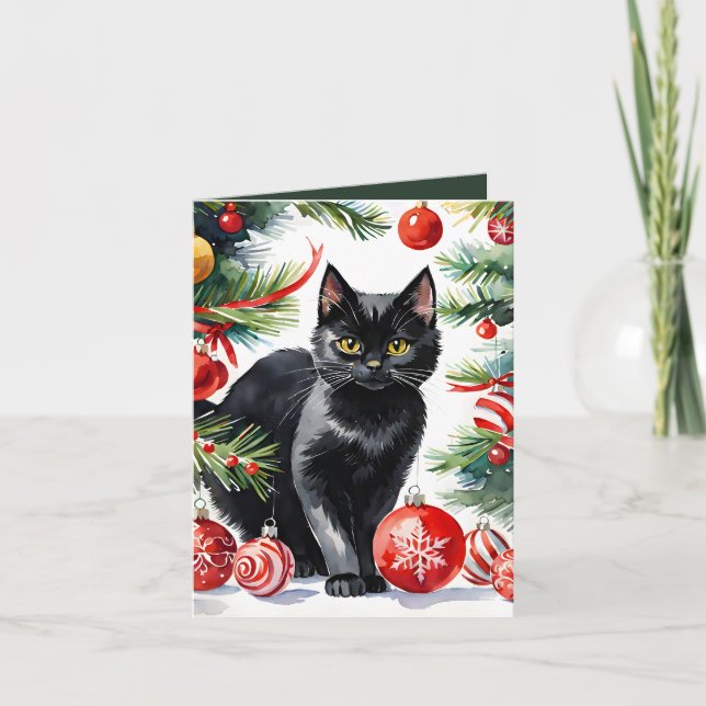  Meowy Christmas Kitten Watercolor Holiday Card (Front)