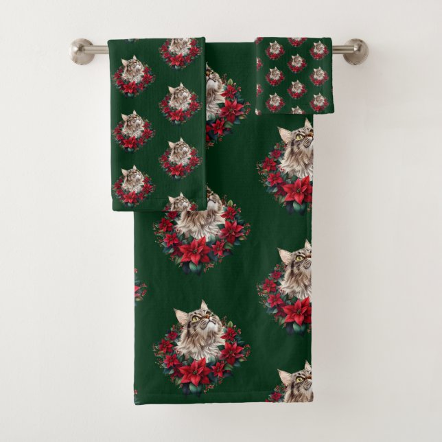 Meowy Christmas Maine Coon Cat  Bath Towel Set (Insitu)