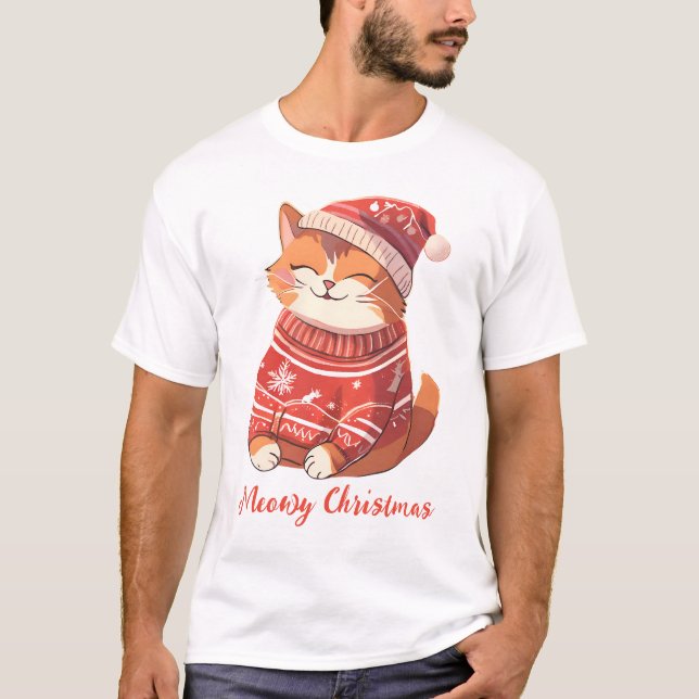 Meowy Christmas Men’s T-Shirt with Festive Cat (Front)