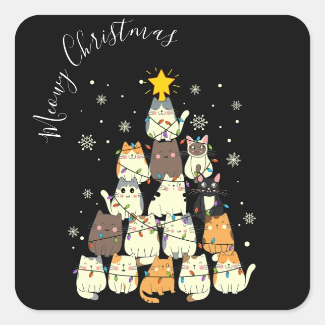 Meowy Christmas Merry Cat Tree Square Sticker (Front)
