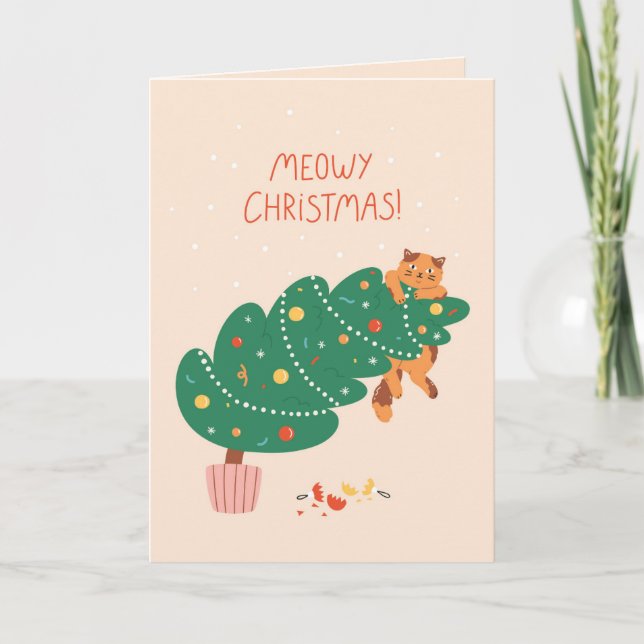 Meowy Christmas - Mischievous Feline Fun Holiday Card (Front)