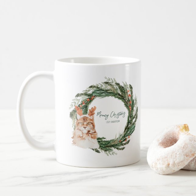 Meowy Christmas | Monogram Holiday Coffee Mug (With Donut)