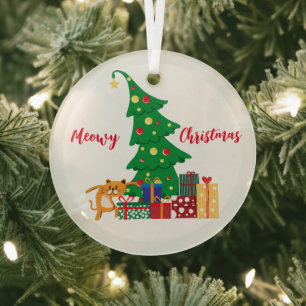 Meowy Christmas, Naughty Cat, Funny, Humour Glass Ornament