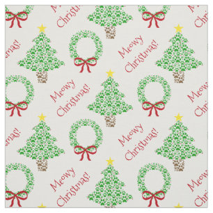 Meowy Christmas Paw Print Holiday Trees & Wreaths Fabric