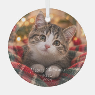 Meowy Christmas Personalized Cat Photo Plaid Glass Ornament