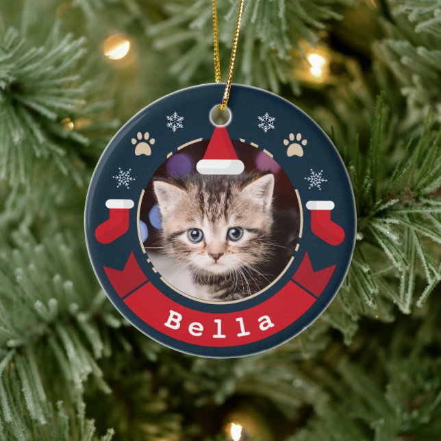 Meowy Christmas Personalized Pet Cat Photo Holiday Ceramic Ornament (Tree)