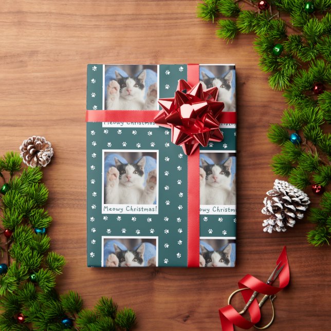 Meowy Christmas Personalized Pet Cat Photo Wrapping Paper (Holiday Gift)
