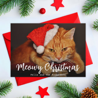 Meowy Christmas Pet Photo Cat with Red Santa Hat Holiday Card