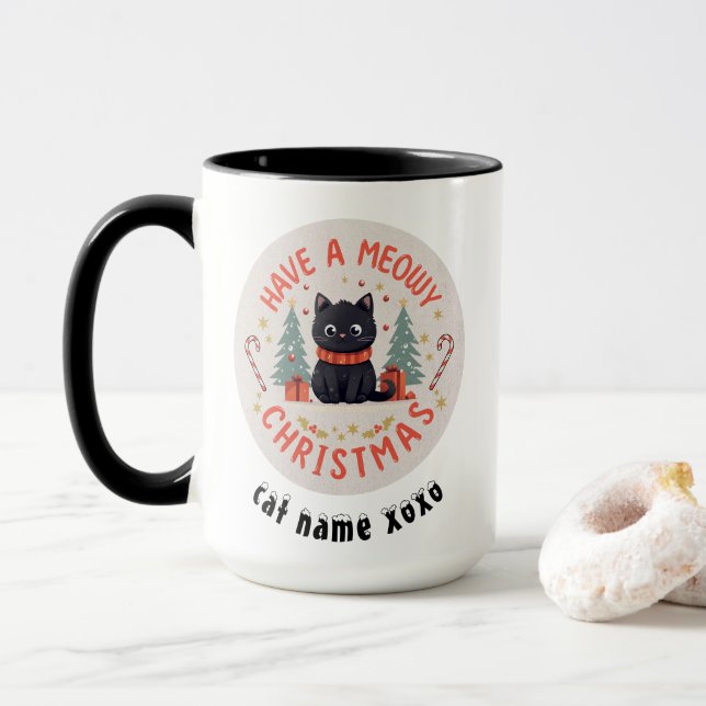 Meowy Christmas Purrfect Black Cat Mug (With Donut)