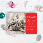 Meowy Christmas Red Funny Cat Photo Holiday Card<br><div class="desc">A purrfect card to show off your new quarantine kitty or furry best friend! This funny "Meowy Christmas to You" kitty cat themed holiday photo card features a photo of your furbaby adjacent to handwritten text and custom text you can personalize with a simple holiday message of warm and cozy...</div>