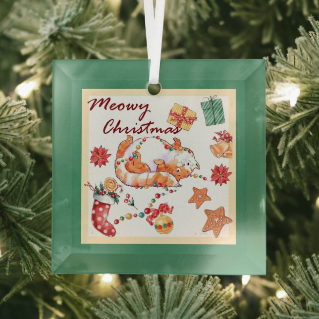 Meowy Christmas Silly Cat Glass Ornament (Insitu)