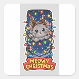 Meowy Christmas Sticker — Grey Kitten Reindeer Ant