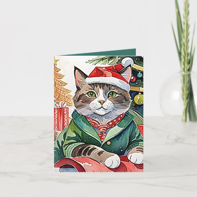 Meowy Christmas Tabby Cat Watercolor Holiday Card (Front)