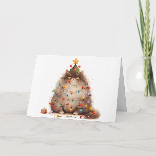 Meowy Christmas Tangled Cat Lights Greeting Card  (Front)