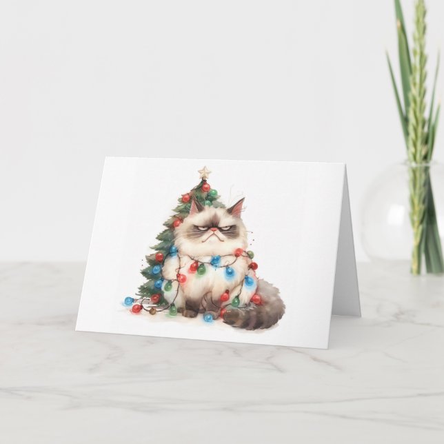 Meowy Christmas Tangled Cat Lights Greeting Card  (Front)
