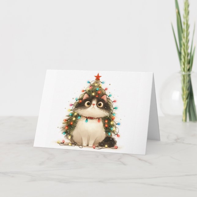 Meowy Christmas Tangled Cat Lights Greeting Card  (Front)